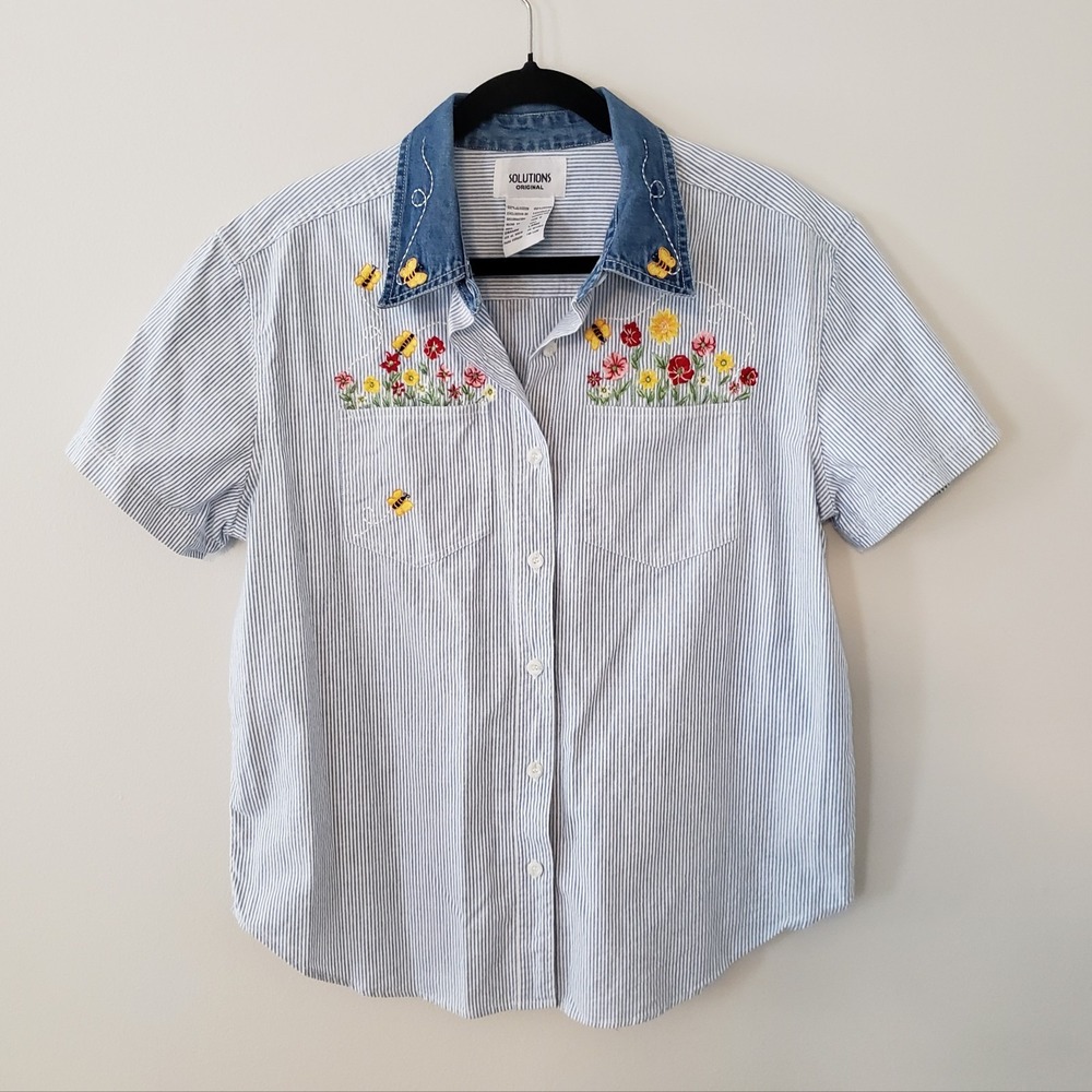 Vintage Solutions Original Embroidered Cottagecore Top SIZE L Flowers Bees Women